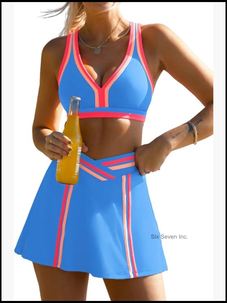 3 Piece High Waisted Bikini Set With Swim Skirt Neon Color Block Tummy Control